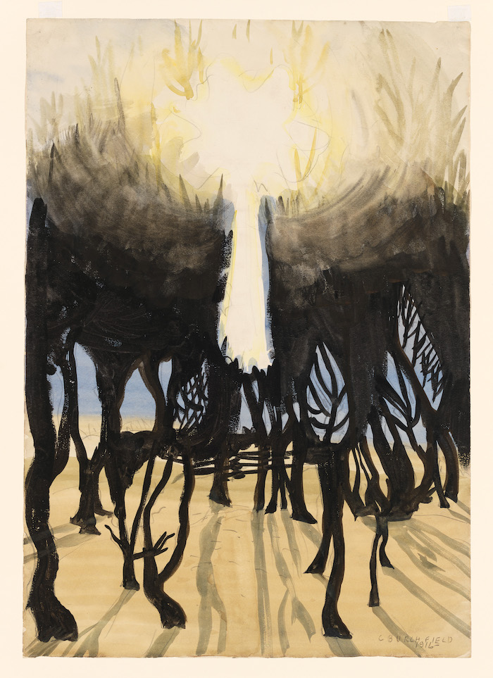 Charles Burchfield, Sunlight in Forest, 1916. Watercolor and graphite pencil on paper, 20 × 13 15/16 in. (50.8 × 35.4 cm). Whitney Museum of American Art, New York; purchase with funds from the Drawing Committee 2002.331. Reproduced with permission from the Charles E. Burchfield Foundation and the Burchfield Penney Art Center